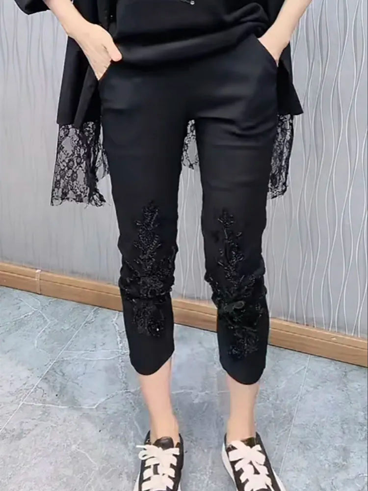 European Heavy Industry sequin bead design fashioneight point cigarette tube pants women's elastic high waist slim casual pants