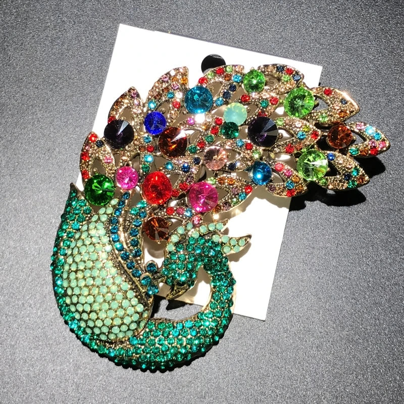 Wuli&baby Big Sparkling Full Multicolor Rhinestone Peacock Brooch Pin For Women Coat Winter Jewelry Accessory Gift
