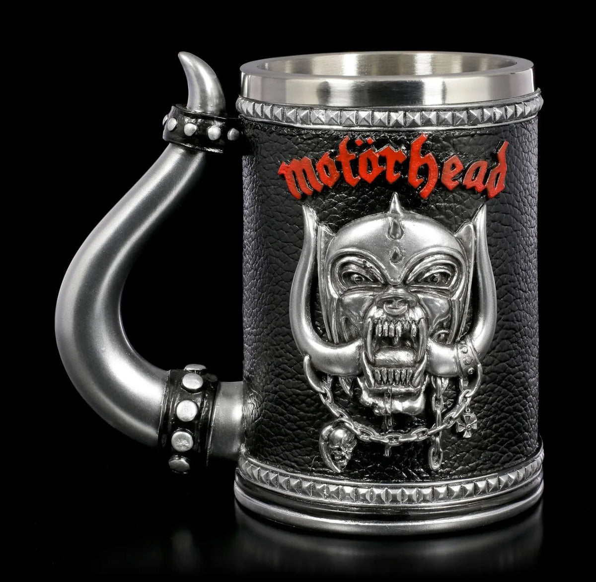 Gothic Rock Collectible Mug Hand-Polished 3D Embossed Skull, Stainless Steel Inner Unique Horn Handle Heavy Metal  Coffee Cup