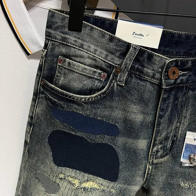 High-end Design Brand Embroidered Elastic Denim Shorts Men's Summer Middle Pants Slim-fitting Korean Breeches Jorts Shorts