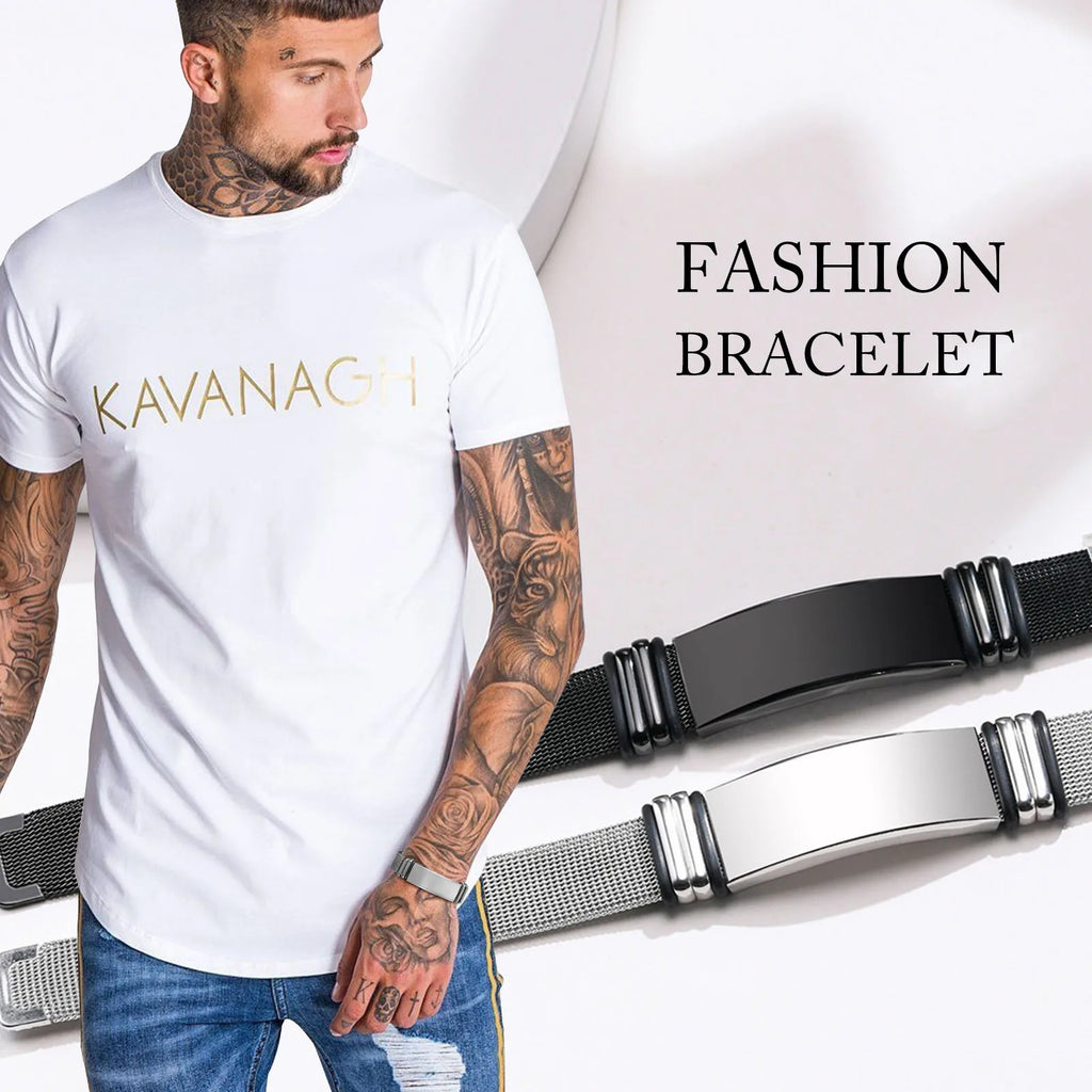 Free Engraving,Stainless Steel Mesh Band Bracelet,Adjustable Bracelet for Men Gift