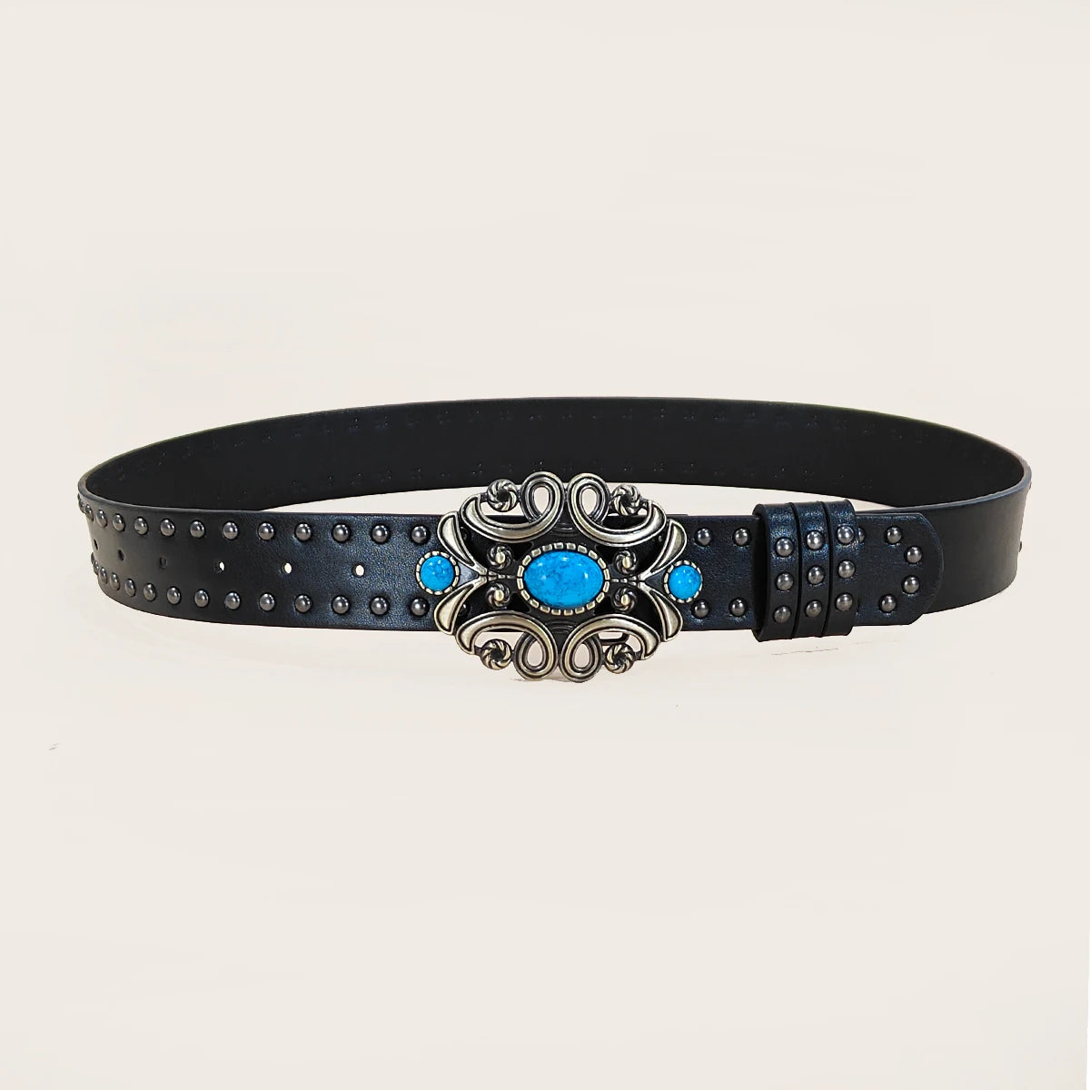 Men and Women's Casual Punk Rivet Belt Western Style PU Leather Belt with Turquoise Buckle for Daily Work Wear Gothic Jeans Belt
