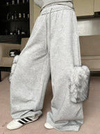 Grey sports pants women's 2025 new winter fur niche design drawstring elastic waist loose and lazy style wide leg pants