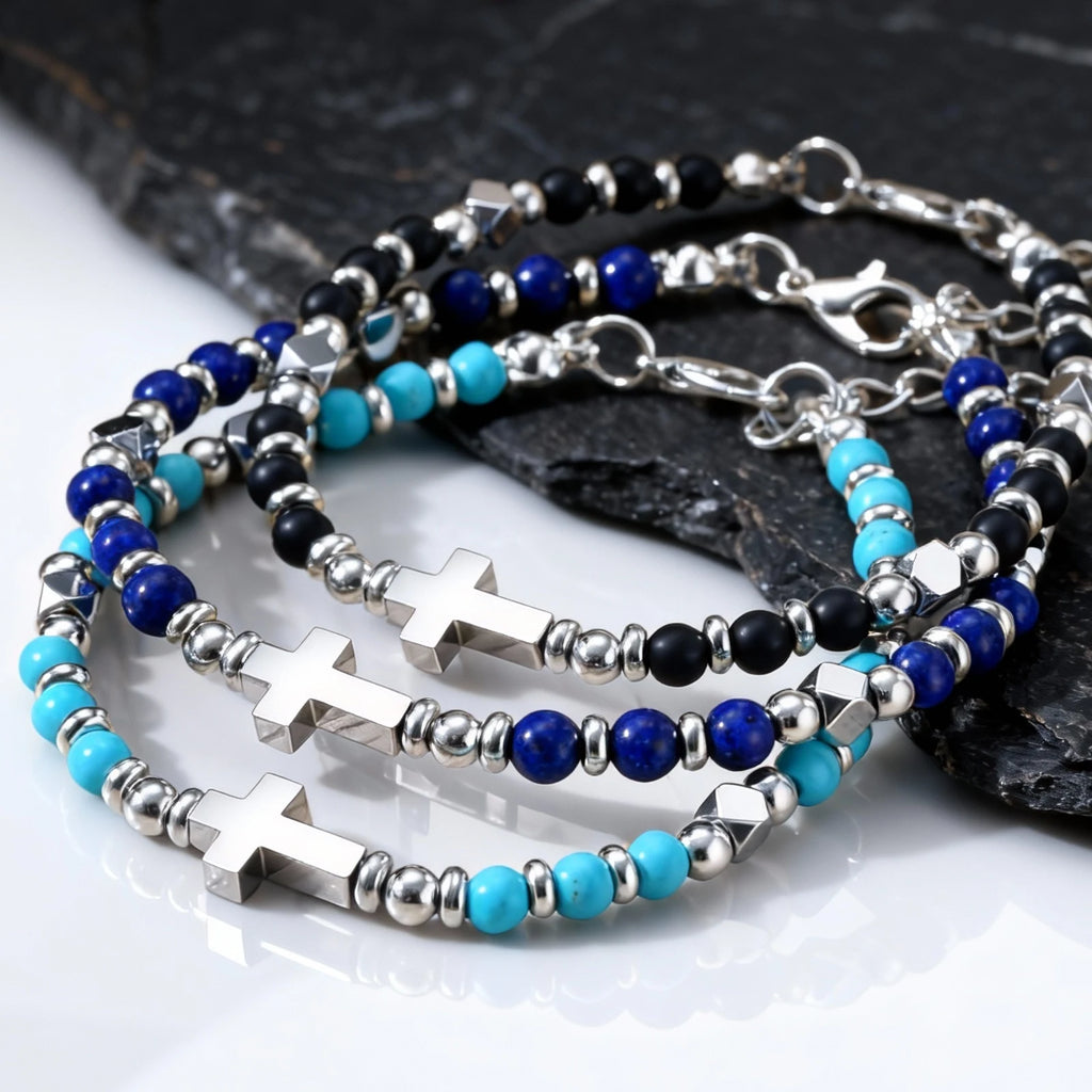 Trendy Men's Natural Stone Beaded Bracelet,Bohemian Cross Charms Chain Wristband,Jewelry Gift for Husband Dad Son