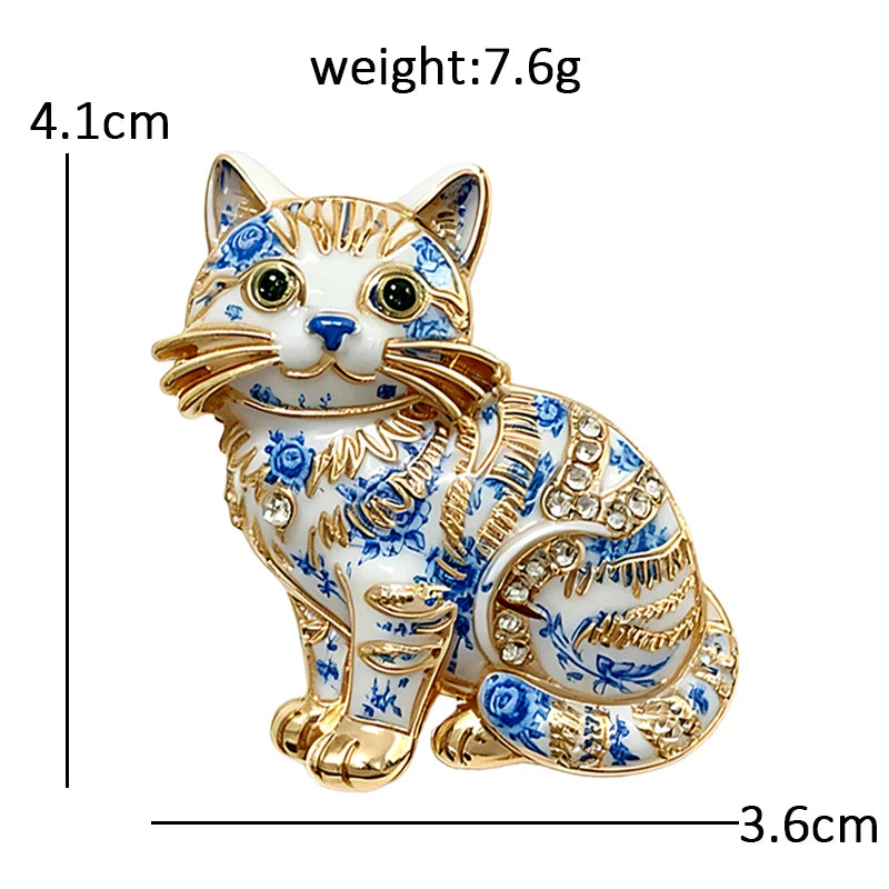 PENDRA Porcelain Cats Blue-and-White Rhinestone Brooch