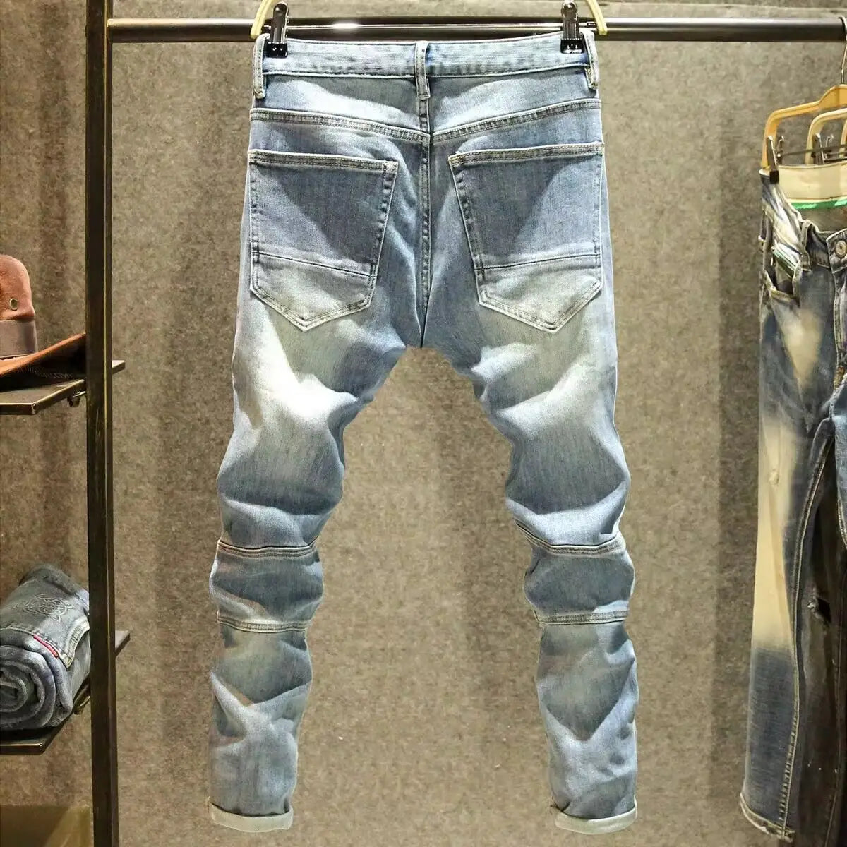2025 Summer Ripped Jeans Men's Slim-fitting Small Feet Elastic Trousers Trendy Brand Fashion Scratched Patch Cargo Beggar Pants