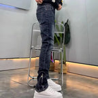 High-end 2026 Dark Blue Foot Zipper Jeans Men's Slim-fitting Small Straight Trendy Fashion Elastic Cargo Casual Trousers Male
