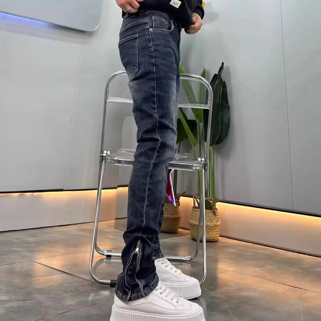 High-end 2026 Dark Blue Foot Zipper Jeans Men's Slim-fitting Small Straight Trendy Fashion Elastic Cargo Casual Trousers Male