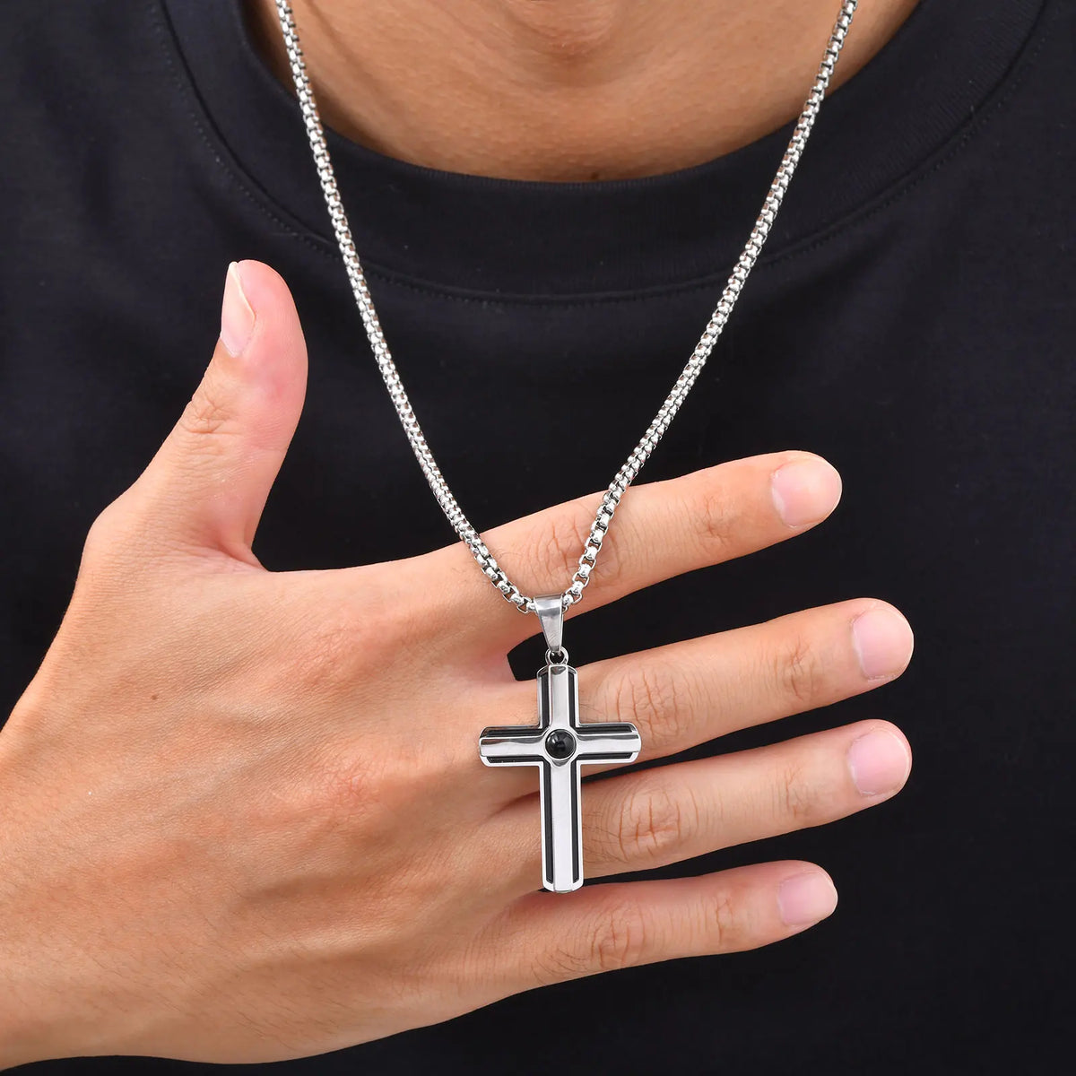 Men Black Agate Enamel Cross Pendant Necklace,Punk Waterproof Stainless Steel Cross Pendant Neckalce,Birthday Party Jewelry Gift