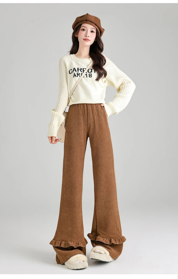 Solid corduroy micro flared pants women's winter wide leg casual high waisted narrow version straight leg sweatpants