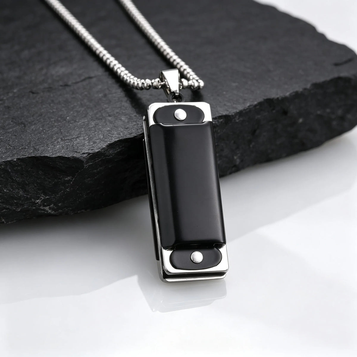 Playable Mini Harmonica Necklace for Men,Rectangular Pendant with Stainless Steel Ball Chain,Punk Music Lover Jewelry Gift