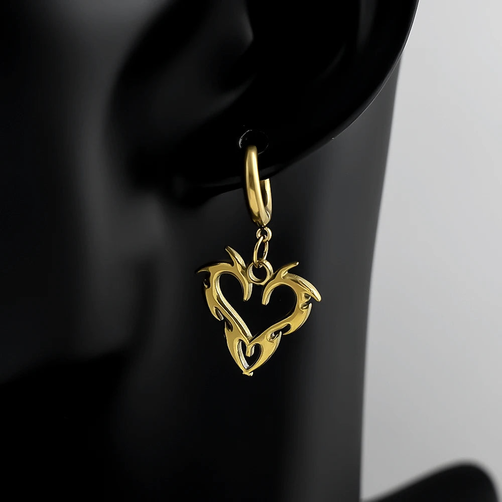 Y2K Thorn Flame Hoop Earrings Stainless Steel Korean Heart Unisex Punk Charm Grunge Ear Jewelry Goth Party Streetwear Gift