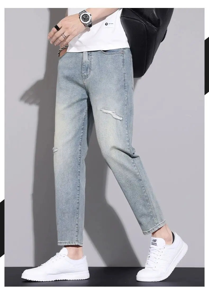 Ripped Jeans Men's 2025 Summer New Trendy Brand Ruffian Handsome Slim-fitting Elastic Straight Trendy Casual Cargo Work Pants