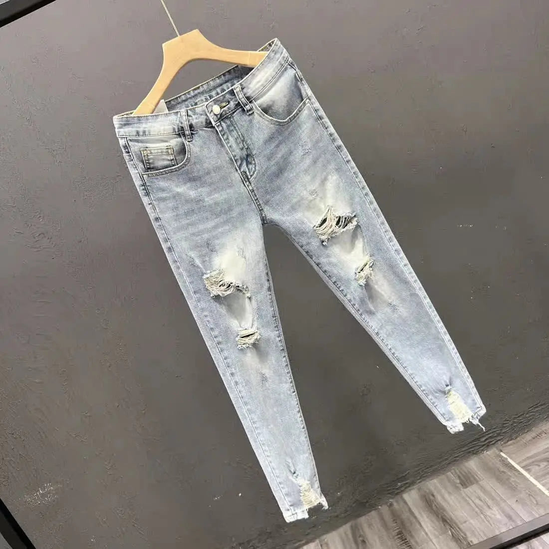 Luxury Fashion Designer Clothes Ripped Jeans Men's Trendy Brand 2025 Summer Ruffian Handsome Slim-fit Pants Elastic Thin Pants
