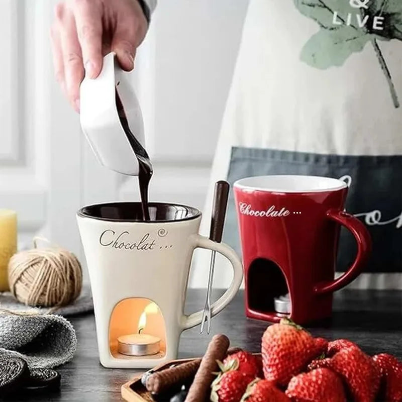European Candle Cup Cheese Chocolate Melting Ceramic Mug Heating Food Ceramic Mug with Fork Creative Coffee Mug Tableware