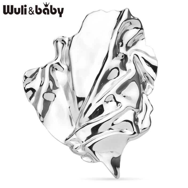 Wuli&baby Stainless Steel Geometric Leaf Big Size Brooch Pins Metal Badge For Suit Elegant Jewelry Accessory