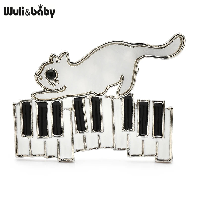 Wuli&baby Enamel Naughty Cat Brooch Pins 2-color Cat Running On Piano For Women Kid's Clothes Backpack Brooches Gifts