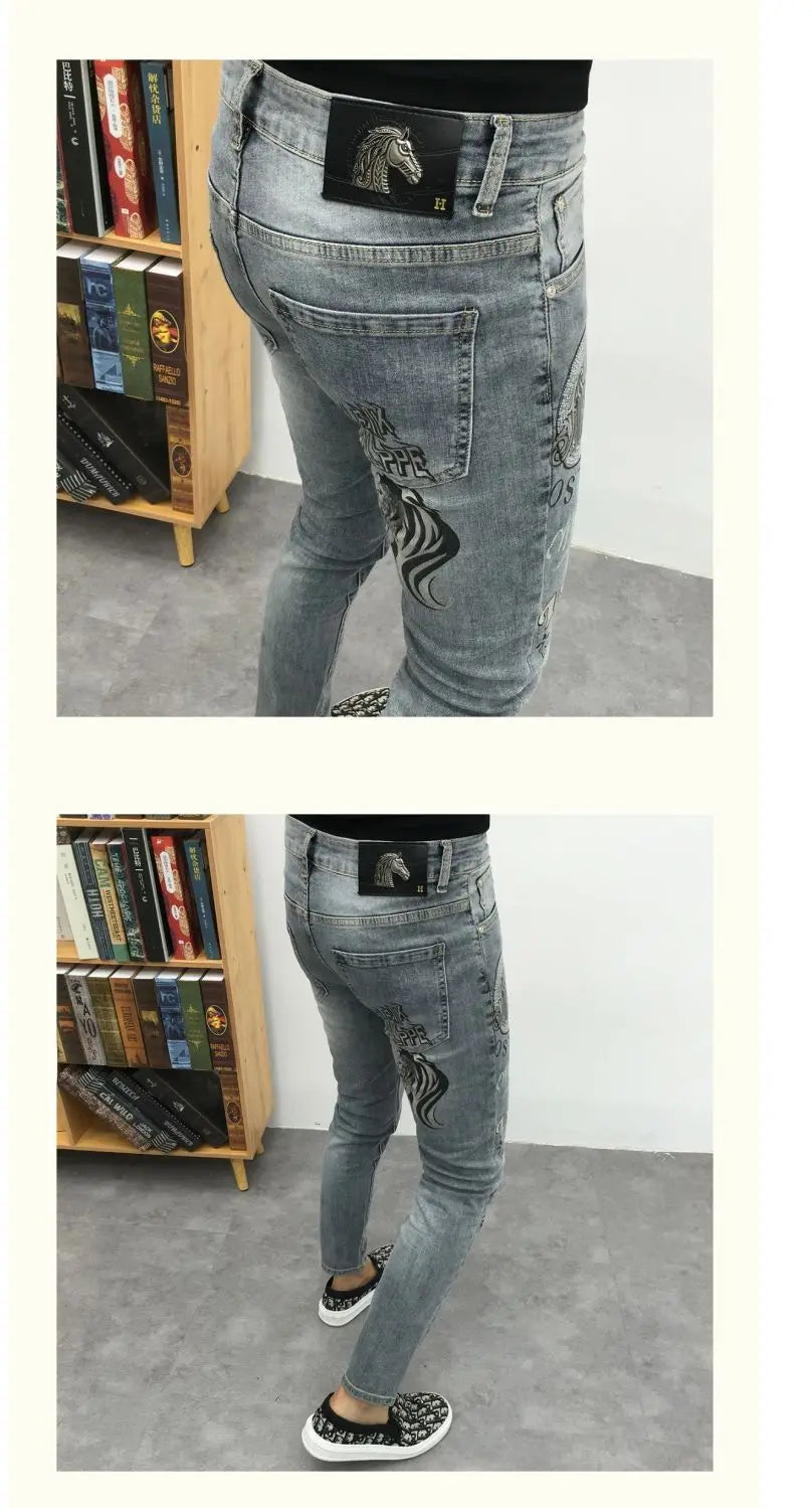 Fashionable Stylish Youth Luxury Work Jeans for Men Slim Fitting with Unique Lion Prints Classic with Rhinestone Denim Trousers