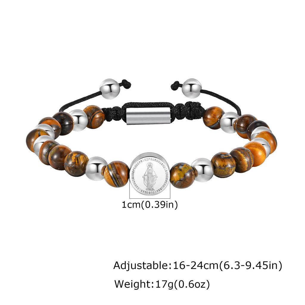 Virgin Mary Beaded Bracelets for Men Boys,Waterproof Stainless Steel Round Charms Wristband,Religious Prayer Jewelry Gift