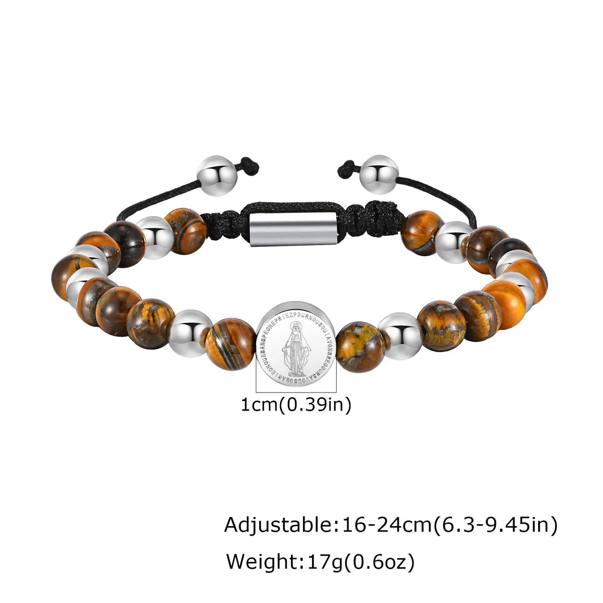 Virgin Mary Beaded Bracelets for Men Boys,Waterproof Stainless Steel Round Charms Wristband,Religious Prayer Jewelry Gift