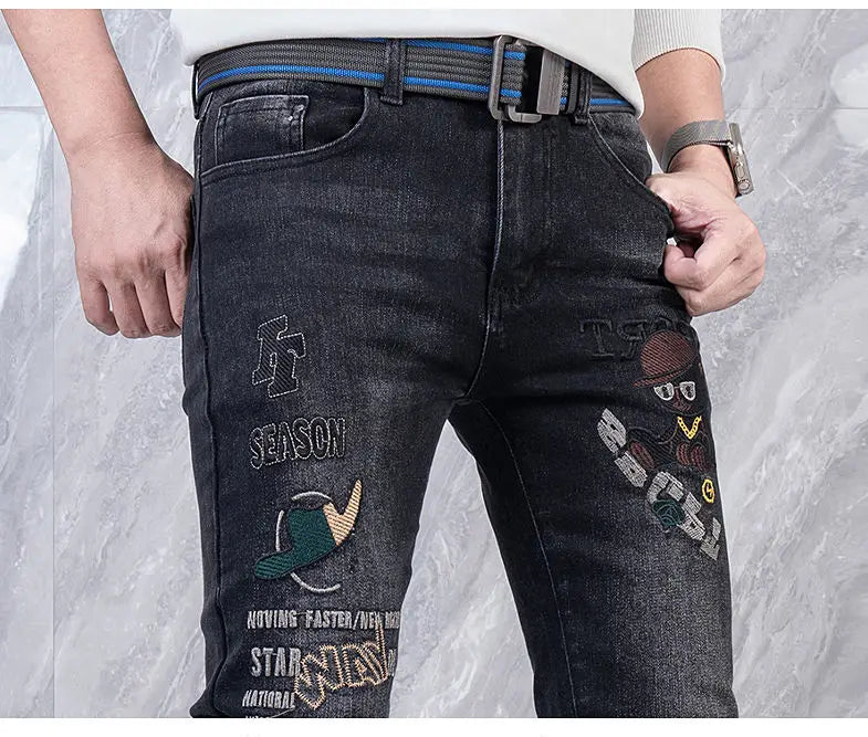 Original Brand Men's Clothing Autumn and Winter New Trend Letter Embroidered Jeans Men's Slim Fashion Korean Elastic Trousers