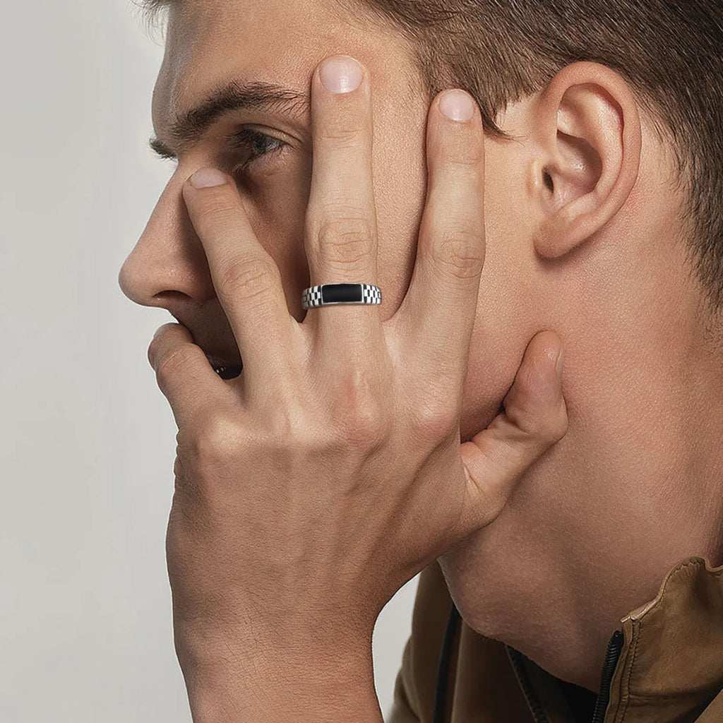 Black Rectangle Ring for Men Boys,Classic Square Ring Metal Ring Chessboard Ring,Casual Gifts for Him