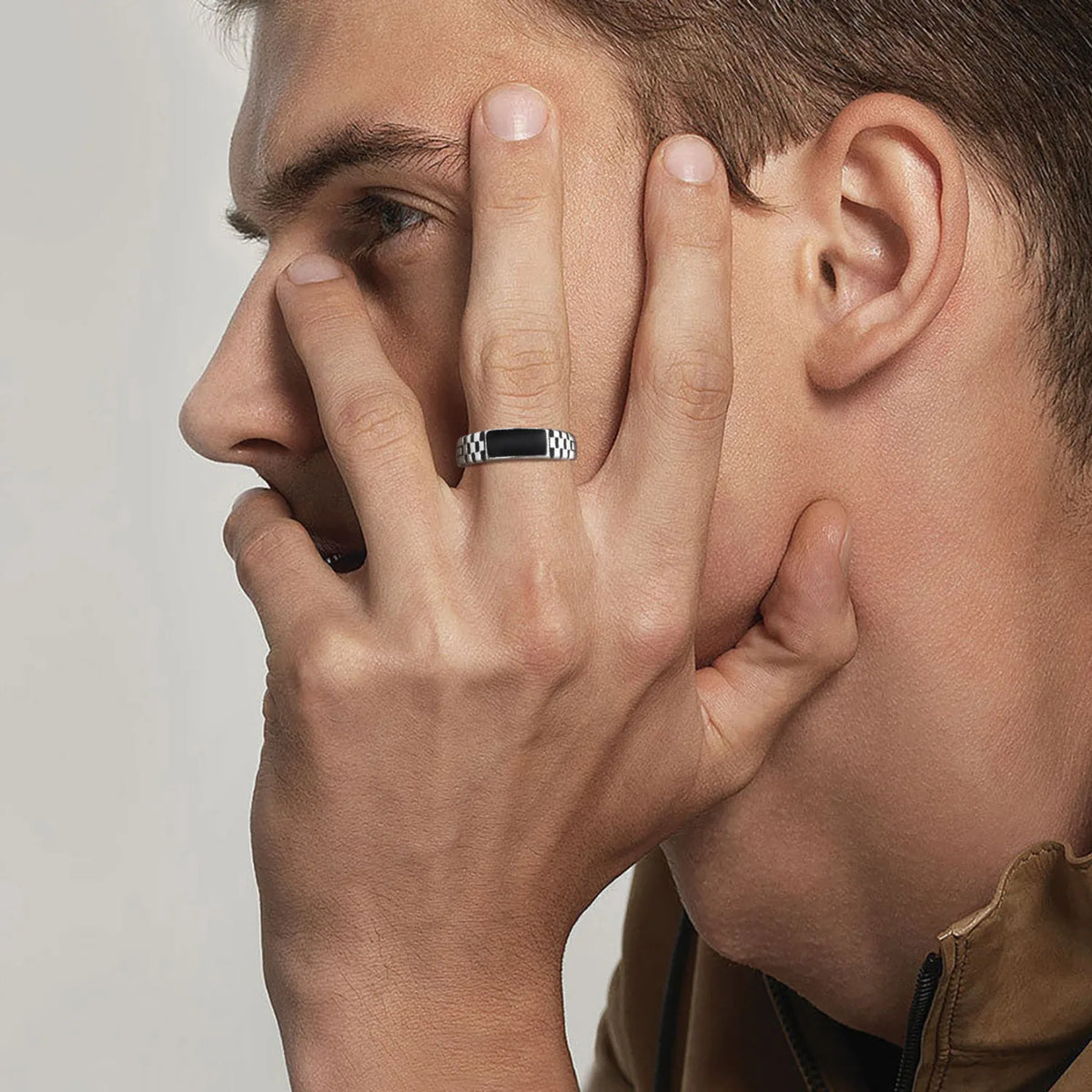 Black Rectangle Ring for Men Boys,Classic Square Ring Metal Ring Chessboard Ring,Casual Gifts for Him