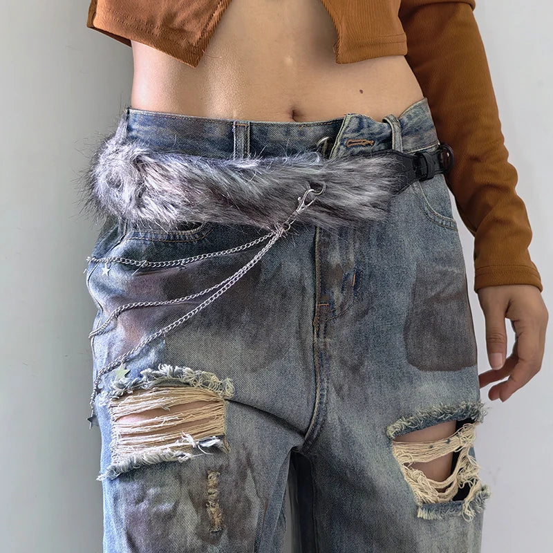 Furry Belt Y2k Belt Subculture Autumn Winter Retro All-Match Plush Waist Chain Imitation Fur Waist Seal Hot Girl Sexy Belt