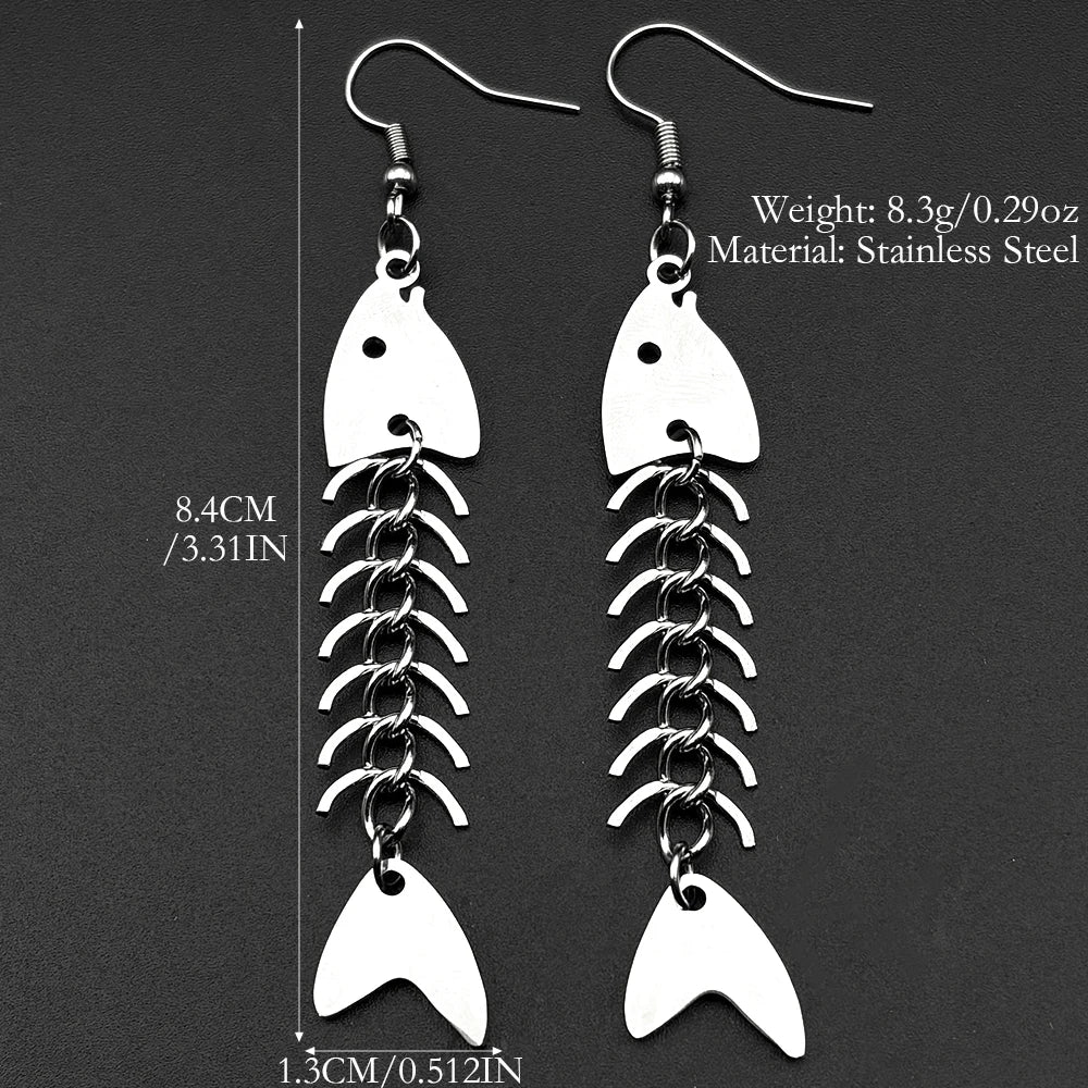 Hip hop Fish Bone Necklace Earrings Drop Ear Pendant Stainless Steel Simple Design Silver Color Party Jewelry Sets Accessories