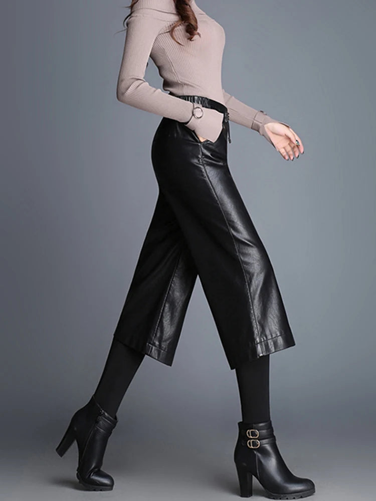 Women's solid color nine cropped wide leg pants autumn and winter loose thick fashionable and versatile commute pants