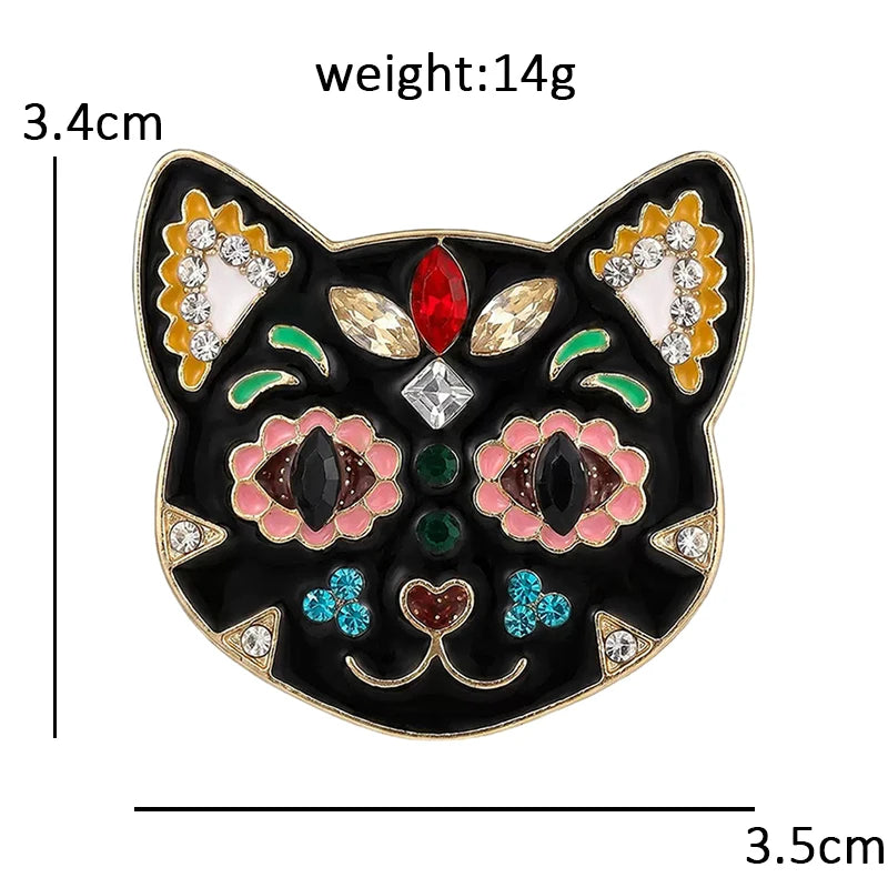 Wuli&baby Flower Cat Head Brooches For Women Unisex Enamel Rhinestone Calavera Cat Animal Party Casual Brooch Pin Gifts