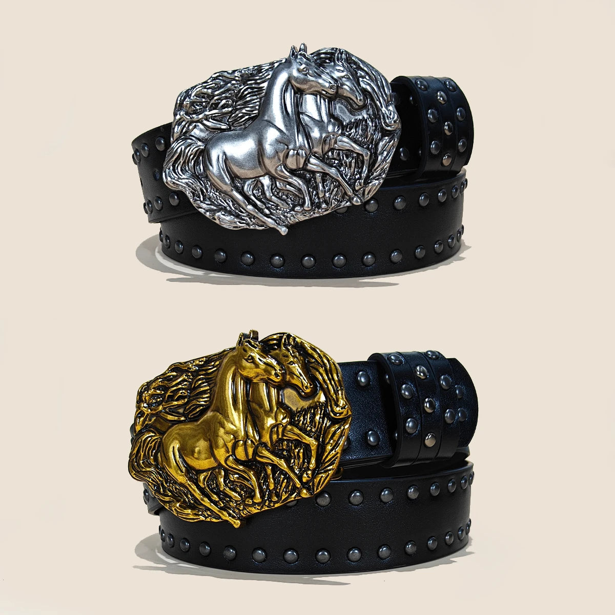 Neutral horse head buckle Black Rivent PU Leather belt For men and women Plus Size Punk Accessories fashion Jeans Waistband