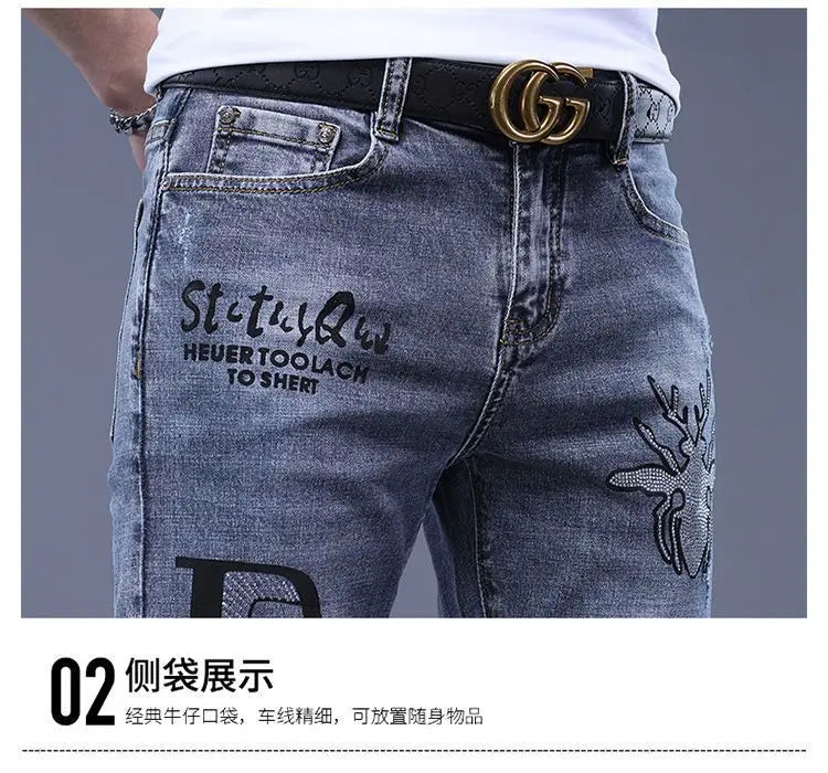 Spring Autumn Harajuku Fashion Art Craft Graphical Paintings 2000s Streetwear Male Slim Boyfriend Stylish Pants Denim Jeans Men