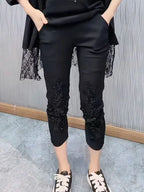 European Heavy Industry sequin bead design fashioneight point cigarette tube pants women's elastic high waist slim casual pants