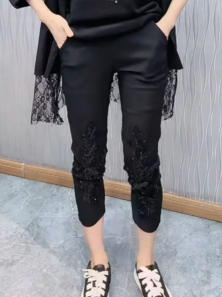 European Heavy Industry sequin bead design fashioneight point cigarette tube pants women's elastic high waist slim casual pants