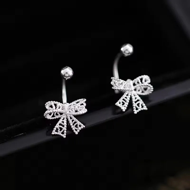 VENTFILLE Real 925 Sterling Silver Lace Heart Hollow Bow Screw Buckle Puncture Stud Earrings for Women Fine Jewelry Accessories