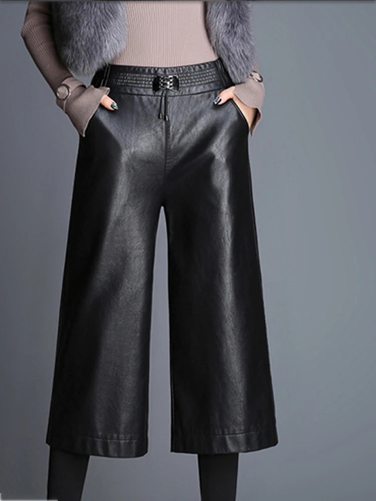 Women's solid color nine cropped wide leg pants autumn and winter loose thick fashionable and versatile commute pants