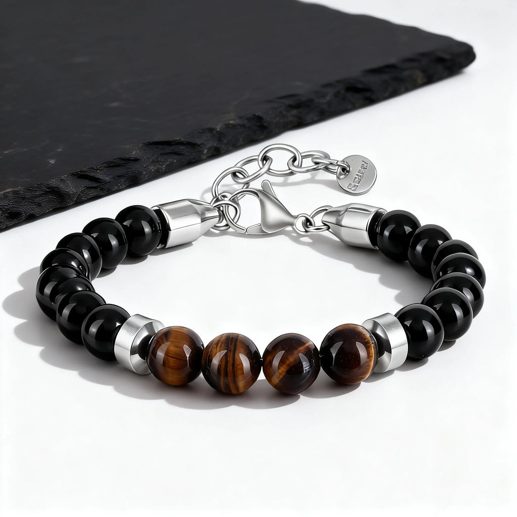Men's Beaded Bracelet,Tiger Eye Stone Black Beaded Bracelets,Casual Jewelry Gift for Him Boys