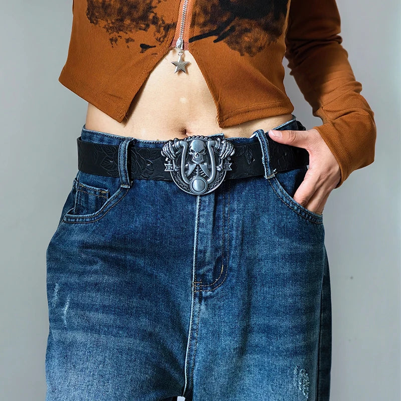 New Men's Trendy Belt Fashion Dark Style Personalized Skull Youth Punk Belt For Women Street Hip Hop Gothic  Jeans Waistband