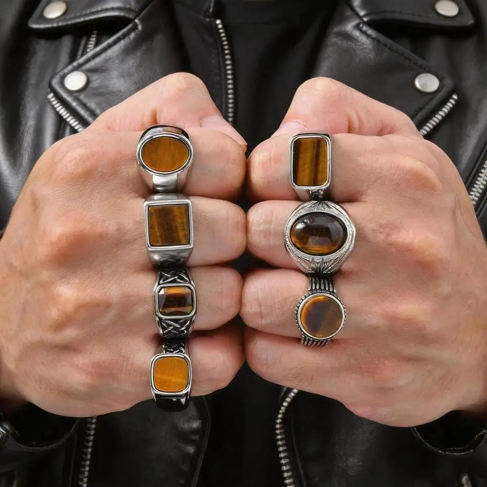 Punk Tiger Eye Stone Signet Ring for Men,Vintage Stainless Steel Natural Stone Round Sqare Ring,Stylish Causal Male Jewelry