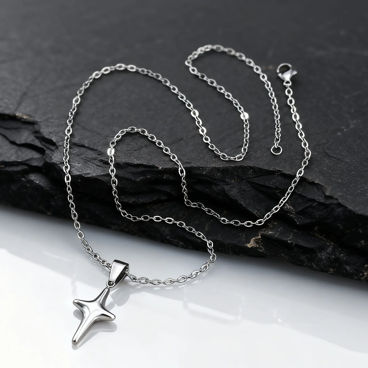 Simple Trendy Star Necklace for Men Boys,Silver Color Stainless Steel 4-Point Star Pendant,Hip Hop Minimalist Jewelry Gift