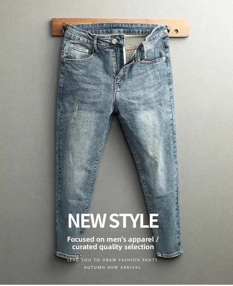 Men's Cropped Jeans Slim Fit Korean Trendy 2026 Spring Summer Blue Youth Trendy High-end Motorcycle Pants Men Man Trousers