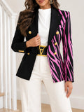 Women's Fashion Black and Pink Color-block Double-breasted Zebra Print Blazer, Slim Fit, Women's Autumn Outfit