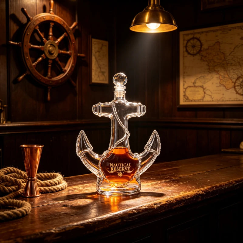 Creative Anchor Shape Glass Spirits Decanter 350ml Whiskey Storage Bottle with Gold Nautical Sticker for Bar Decor Gift