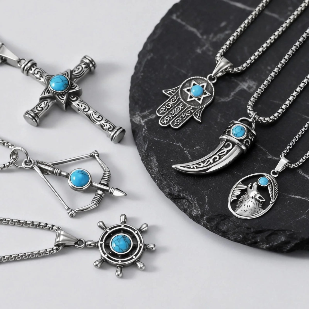 Vintage Men's Necklace,Stainless Steel Totem Natural Stone Pendant Necklace,Ethnic Punk Jewelry Gift