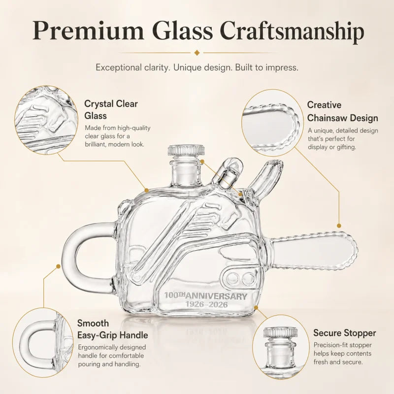 Novelty Glass Chainsaw Decanter for Whiskey Bourbon Spirits Decorative Liquor Bottle with Stopper