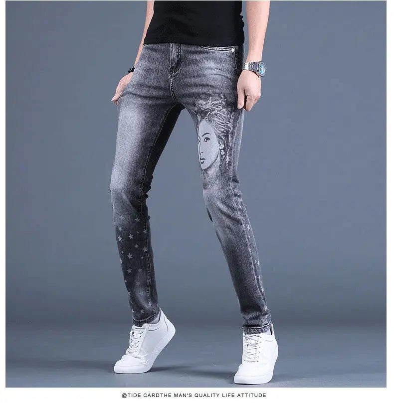 PENDRA Denim Cotton Printed Trousers