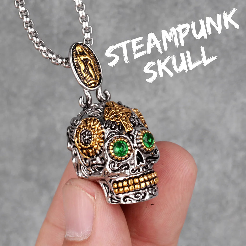 PENDRA Steampunk Skull Cross Steel Necklace