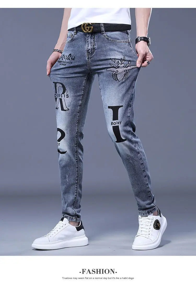Spring Autumn Harajuku Fashion Art Craft Graphical Paintings 2000s Streetwear Male Slim Boyfriend Stylish Pants Denim Jeans Men
