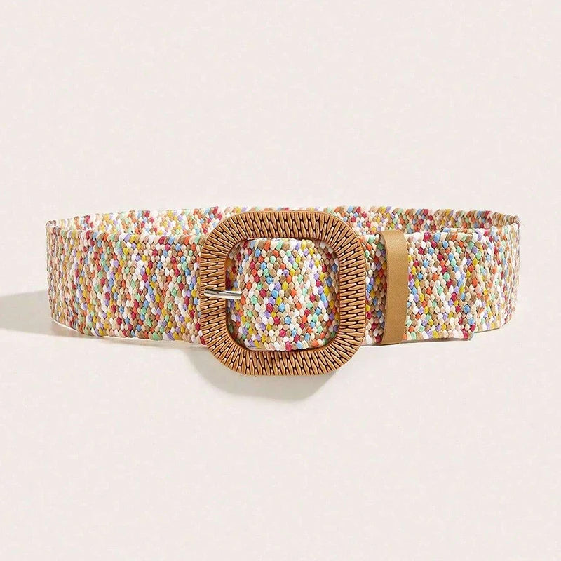 Summer Fashion Women Colorful Straw Belt Casual Bohemian Wide Summer Braided Waistbelt Buckle Elastic Female Straw Waist Belt